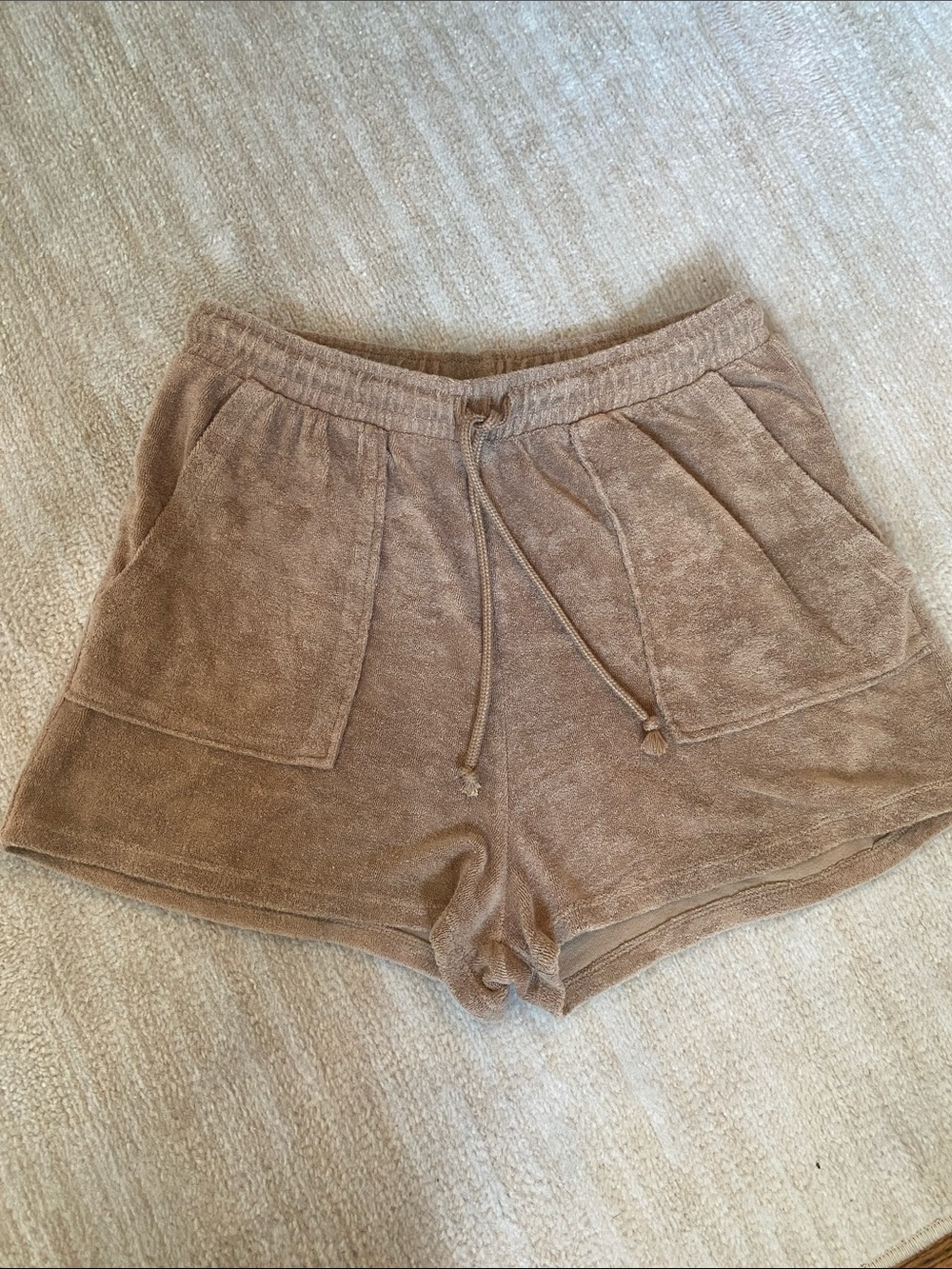 Zara Terry Drawstring Lounge Shorts in Tan